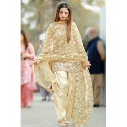Golden color full stitched punjabi patiala suit